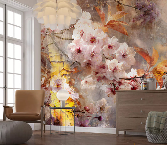 Rustic golden bloom wall mural with pink blossoms and rust-orange leaves GD11241