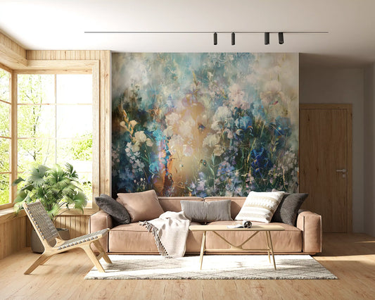 Ethereal floral meadow mural on a living room feature wall GD11242
