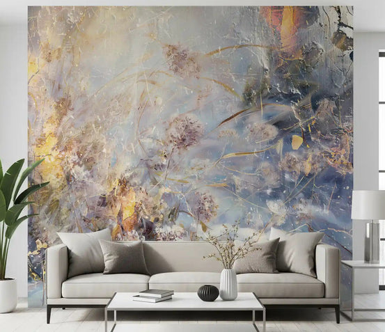 Misty morning abstract botanical wall mural in icy blue and gold GD11244