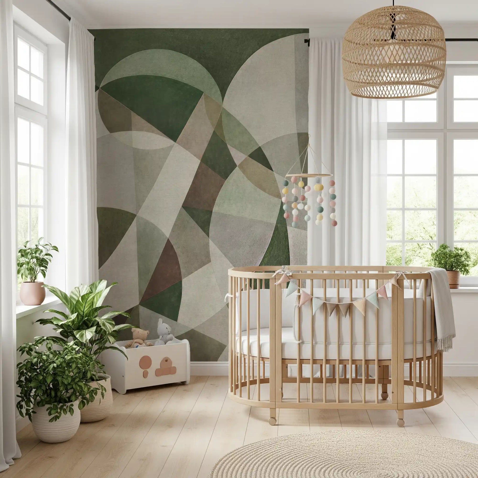 Layered geometric wall mural in sage green, cream and taupe GD11246