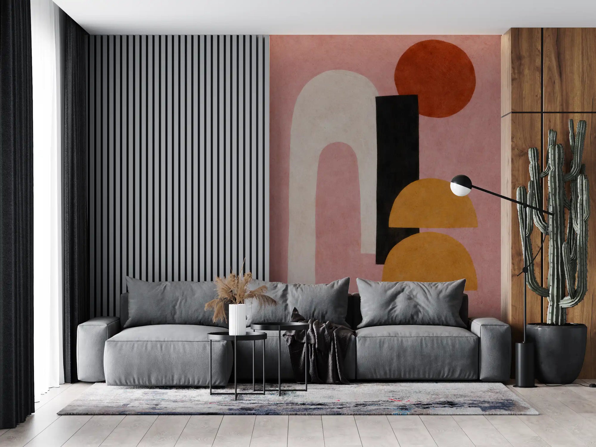 Abstract wall mural with cream arch, black block and terracotta circle GD11247