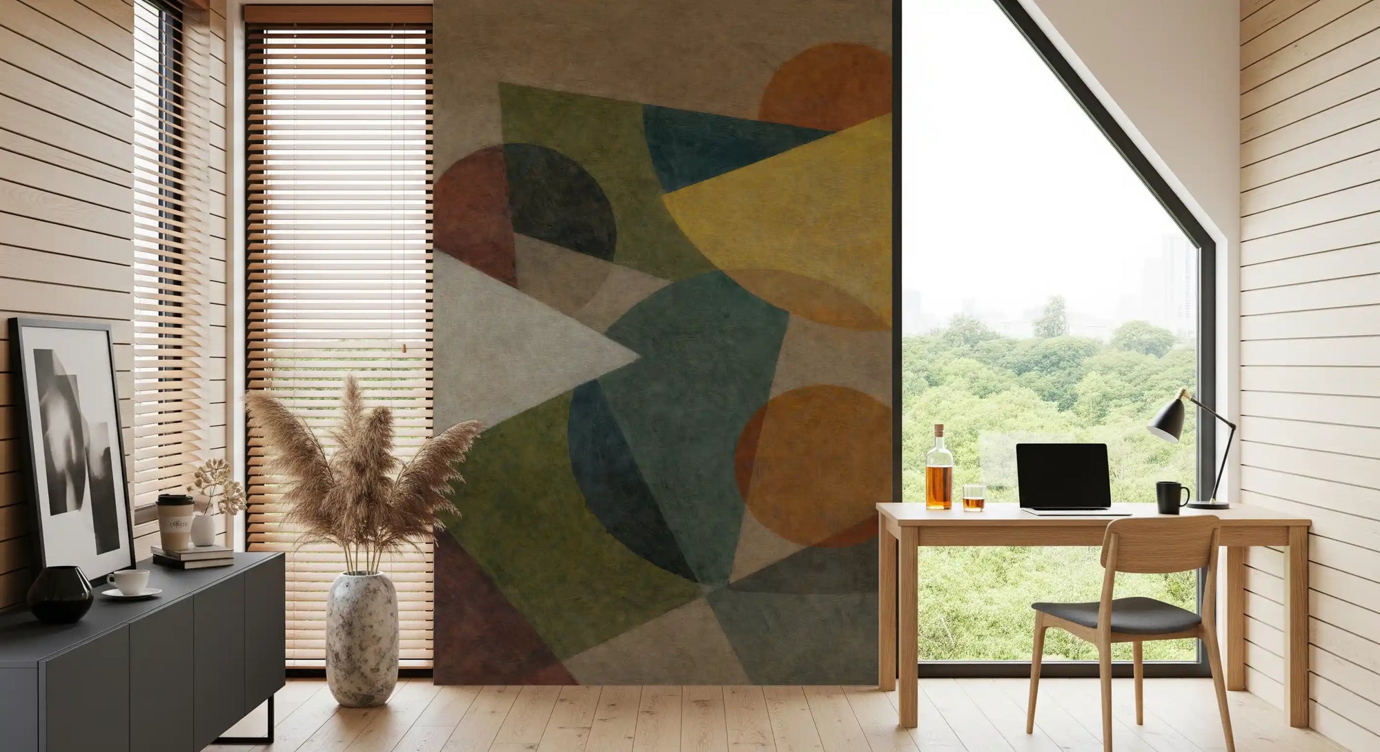 Abstract geometric wall mural in olive, teal, mustard and orange GD11248