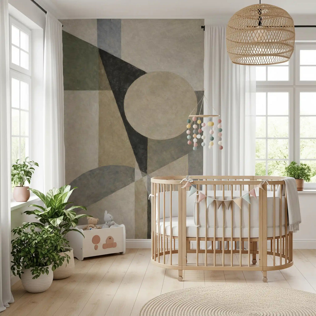 Minimalist geometric wall mural with pale circle and dark triangle in nursery GD11249