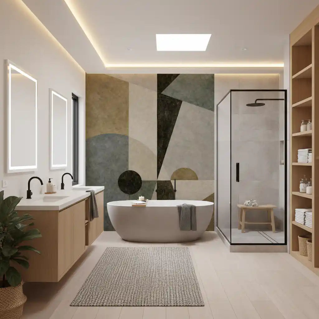 Geometric cubist wall mural with tan, grey-blue and charcoal shapes in bathroom GD11250