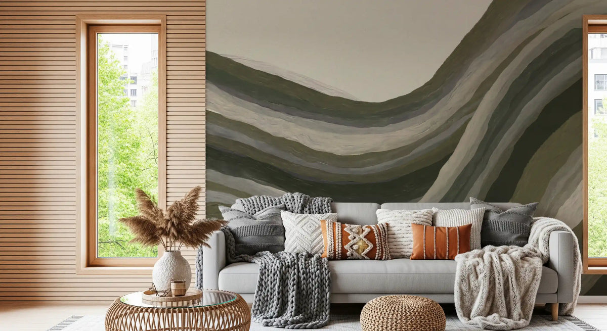 Abstract wall mural with olive and sage ridges layered like rolling hills in living room GD11254