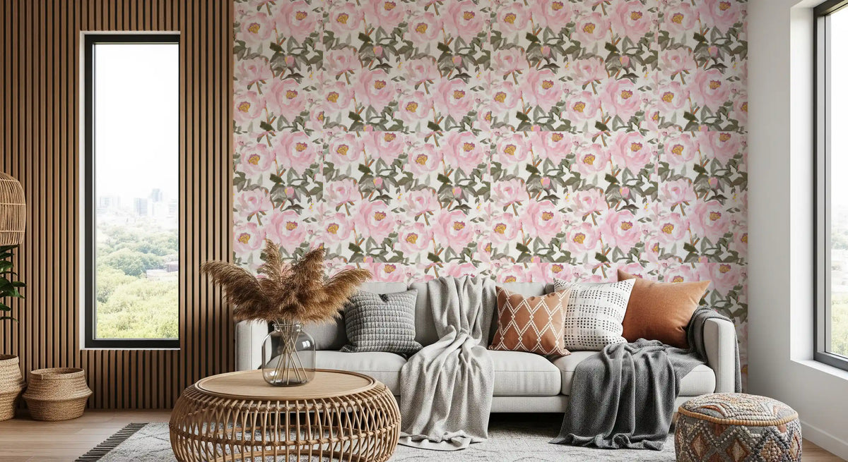 Pink peony wallpaper pattern with painterly blush blooms and green leaves on white GD11255