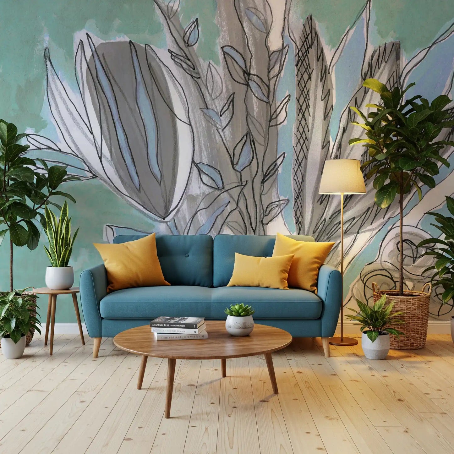 Abstract Teal Botanical Sketch Wall Mural