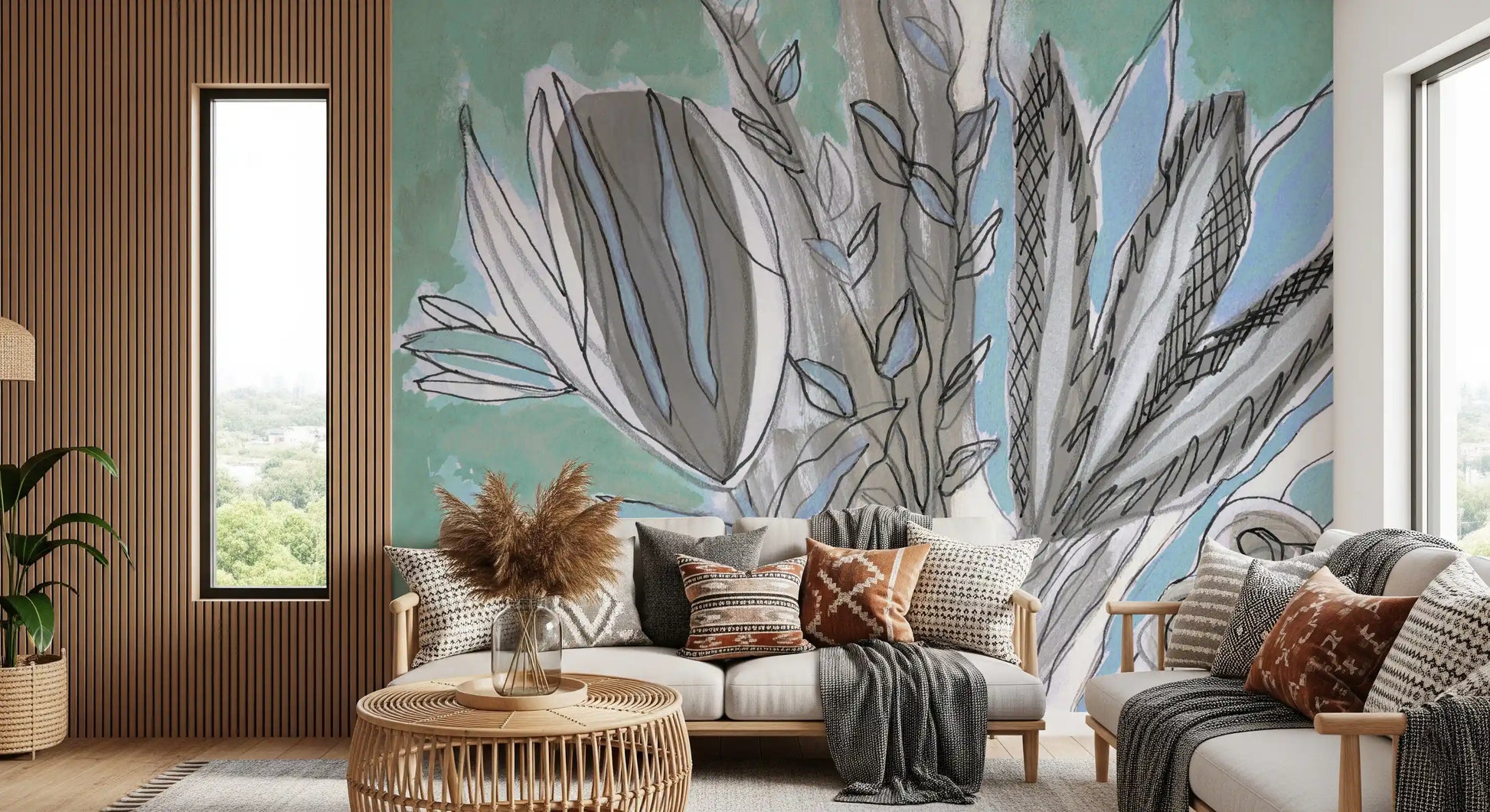 Abstract Teal Botanical Sketch Wall Mural