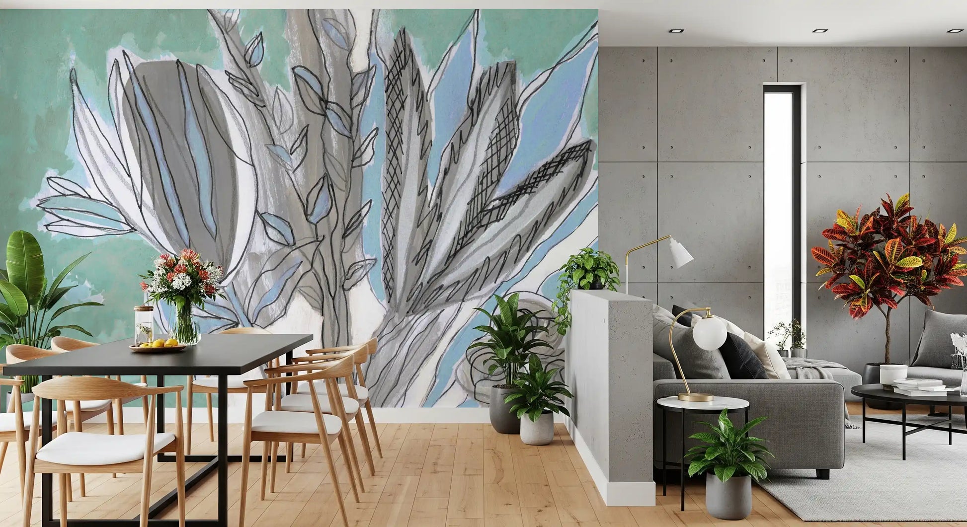Abstract Teal Botanical Sketch Wall Mural