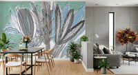 Abstract Teal Botanical Sketch Wall Mural