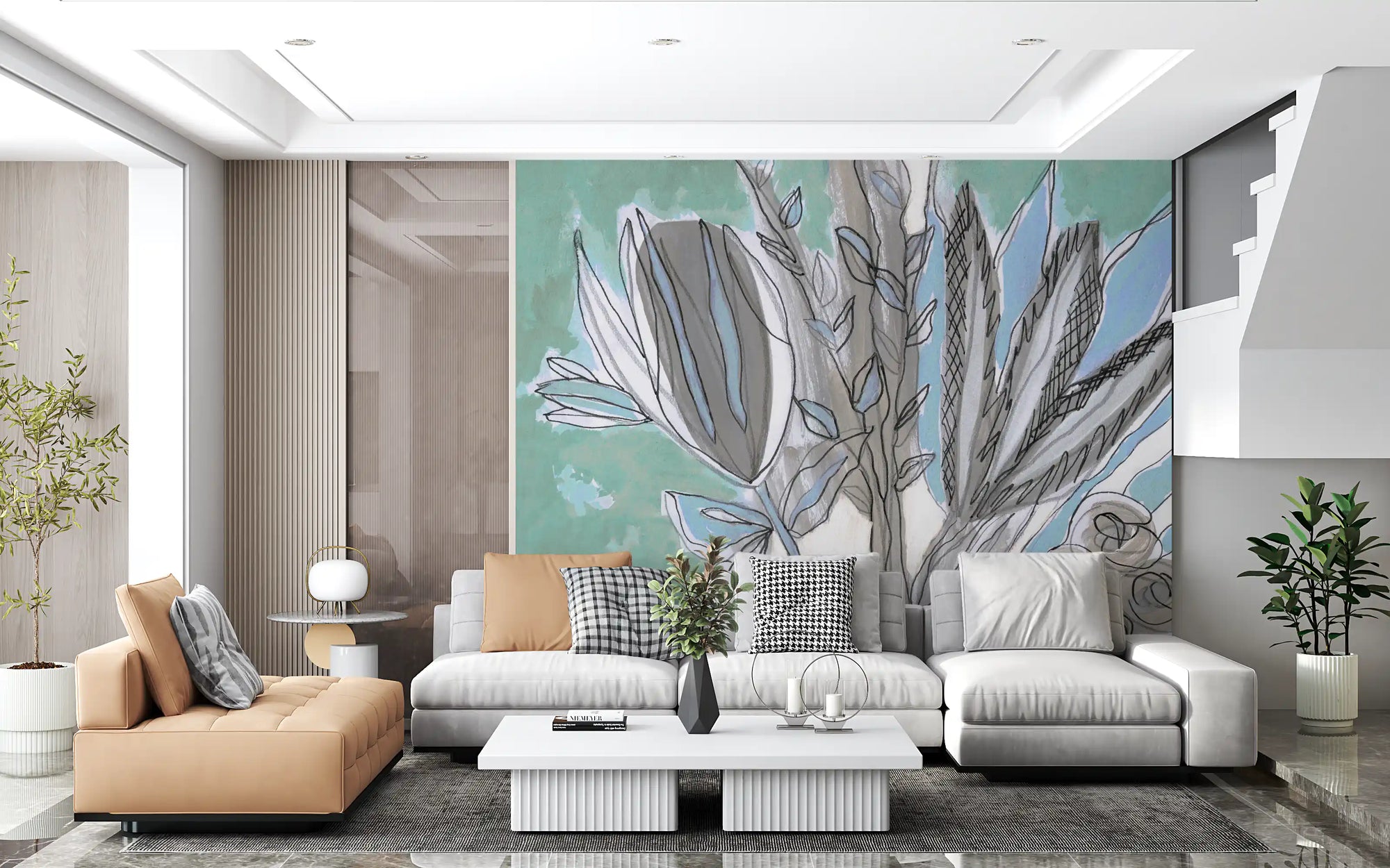 Teal botanical mural with sketched grey tulips, leaves and seed pods GD11257