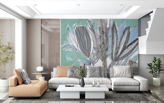 Abstract Teal Botanical Sketch Wall Mural