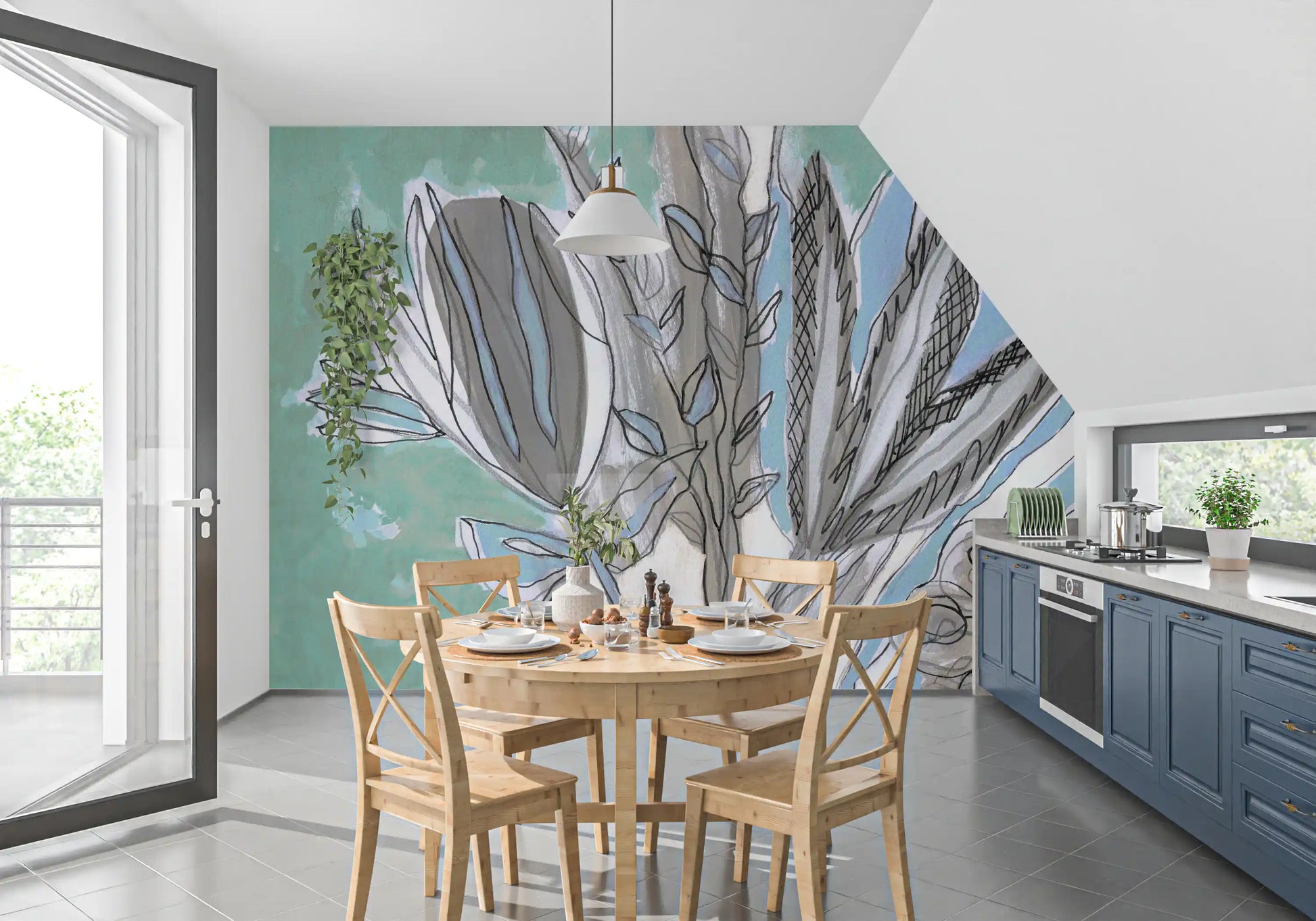 Abstract Teal Botanical Sketch Wall Mural