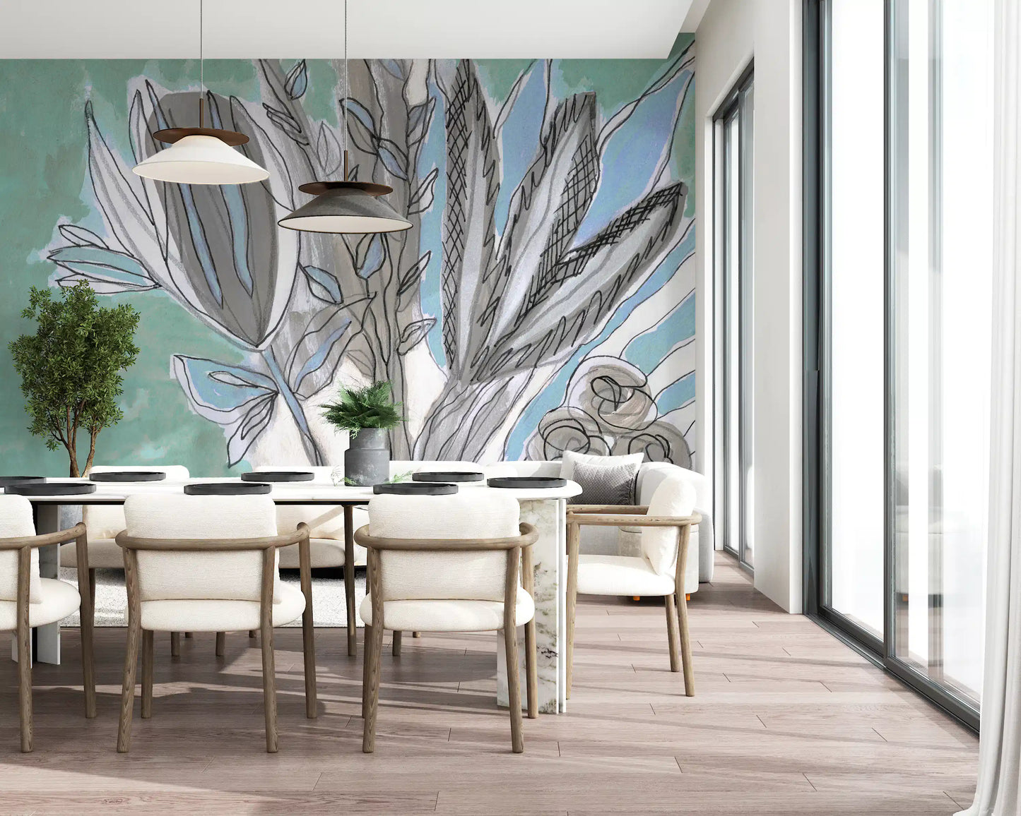 Abstract Teal Botanical Sketch Wall Mural