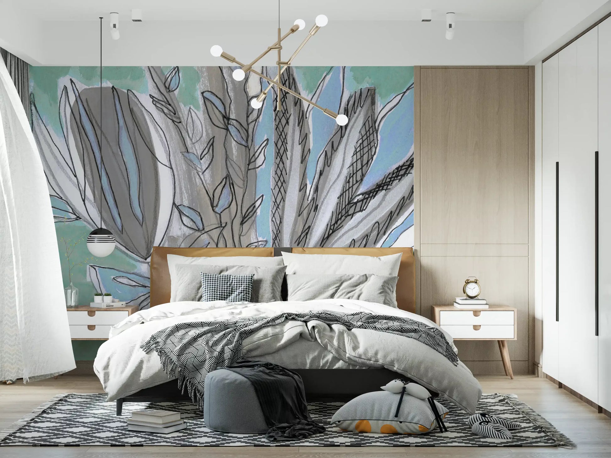 Abstract Teal Botanical Sketch Wall Mural