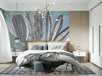 Abstract Teal Botanical Sketch Wall Mural