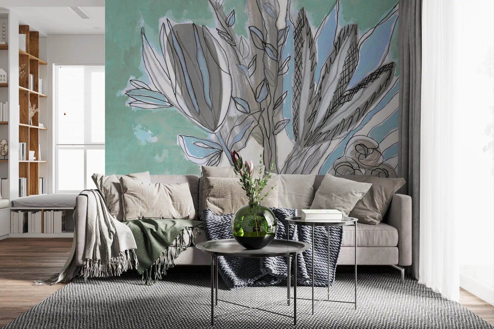 Abstract Teal Botanical Sketch Wall Mural