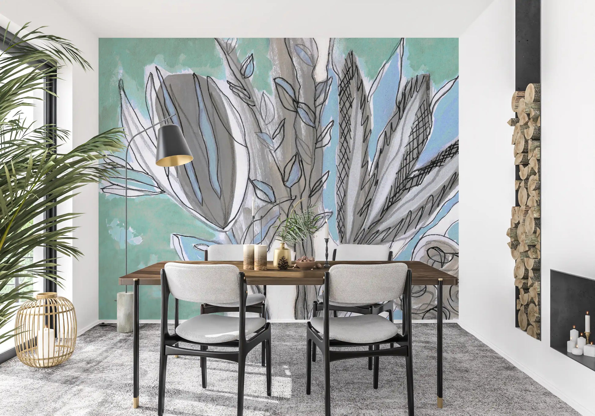 Abstract Teal Botanical Sketch Wall Mural