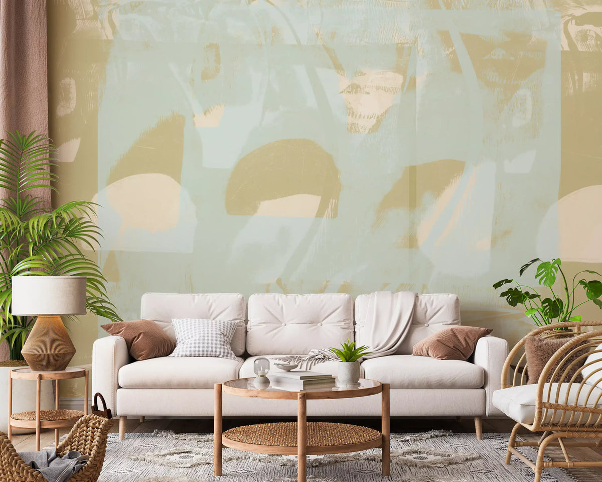 Sage geometric mural with layered green and beige abstract shapes GD11258