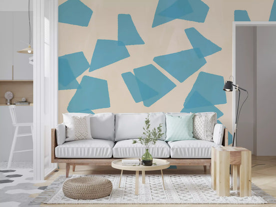 Azure fragments mural with scattered blue shapes on a cream ground GD11259