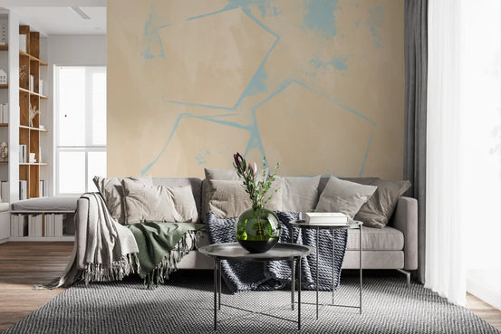 Geometric wall mural with sky blue pentagon outlines on warm sand tones in living room GD11260