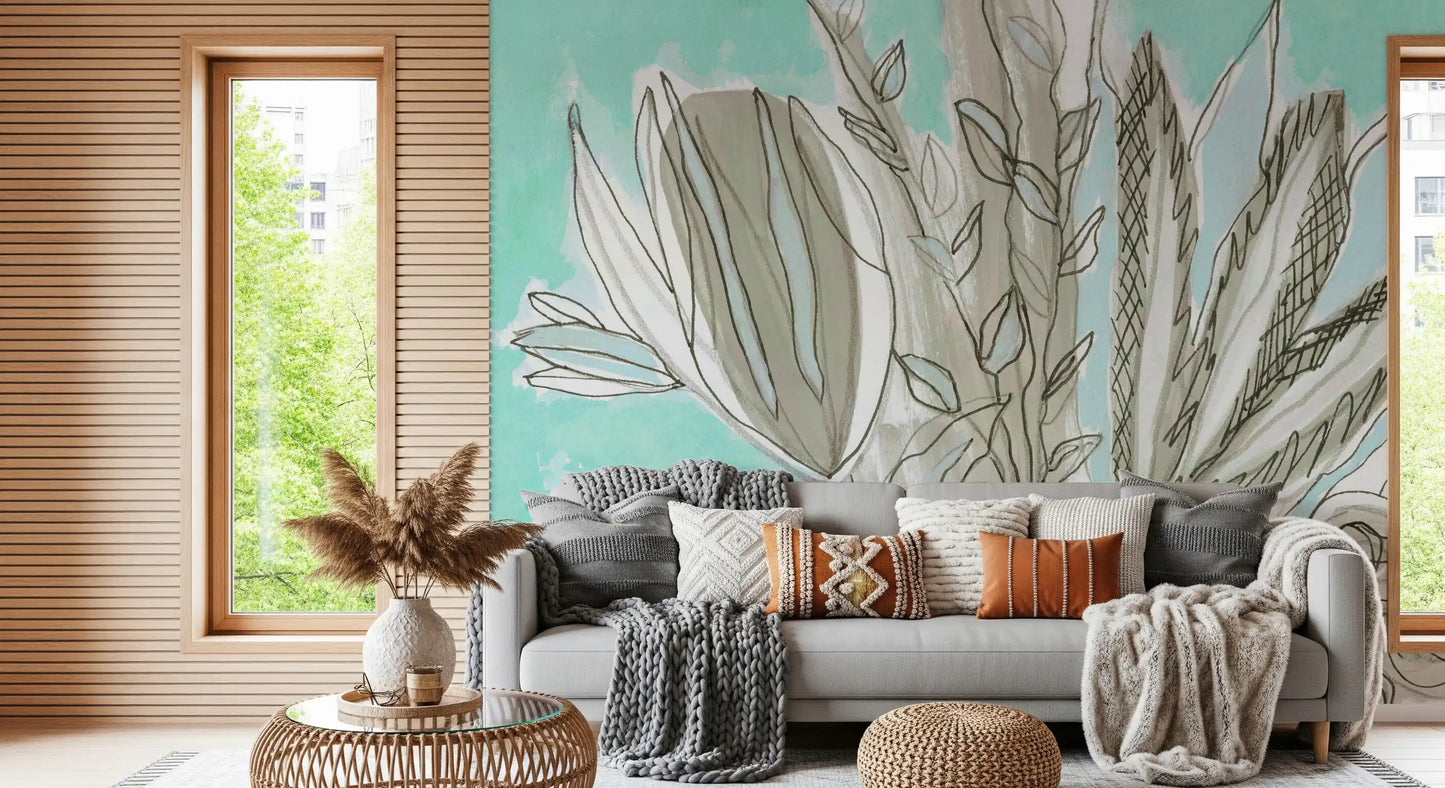 Muted Floral Line Art Wall Mural