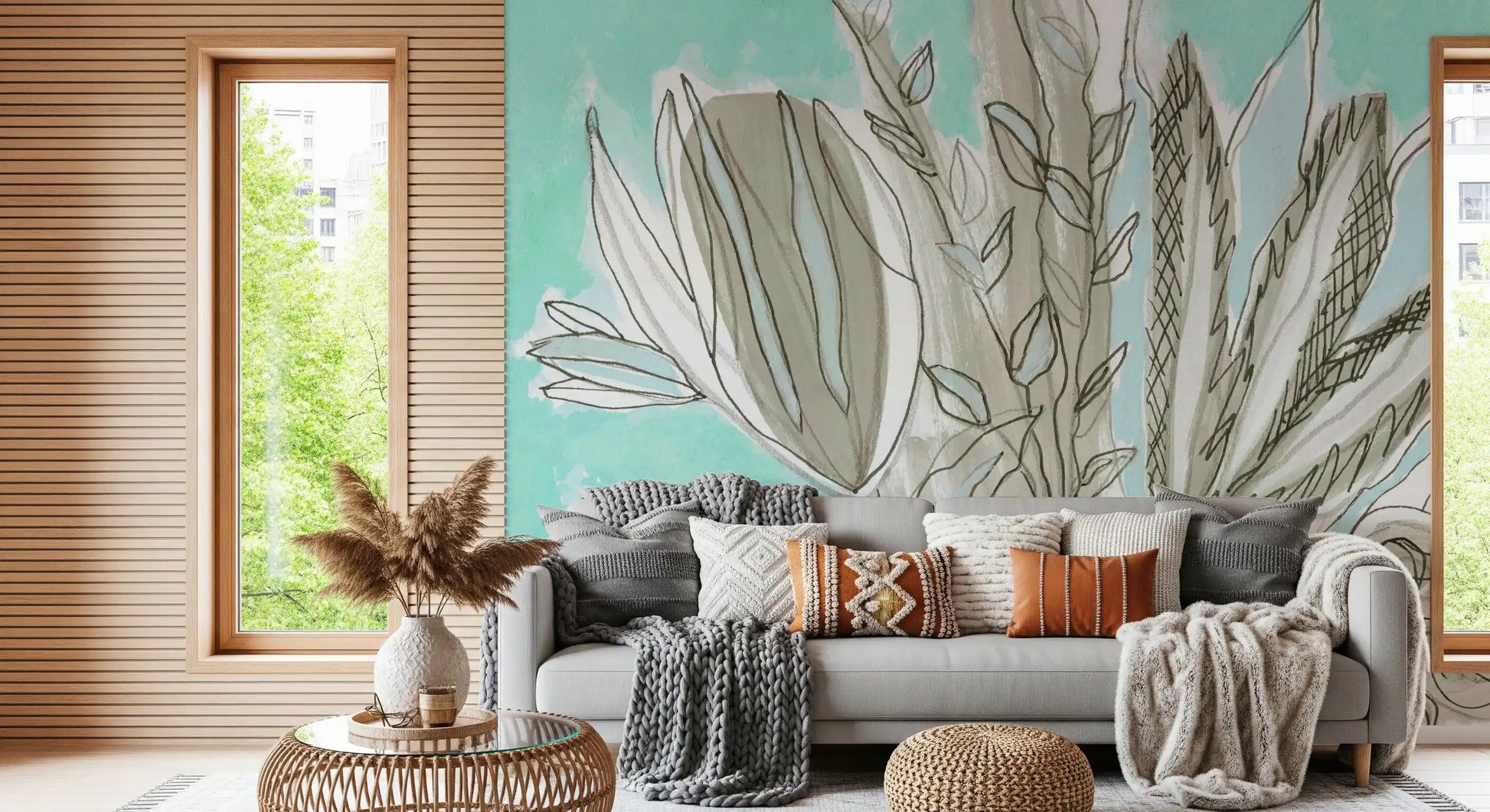 Muted Floral Line Art Wall Mural