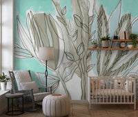 Muted Floral Line Art Wall Mural