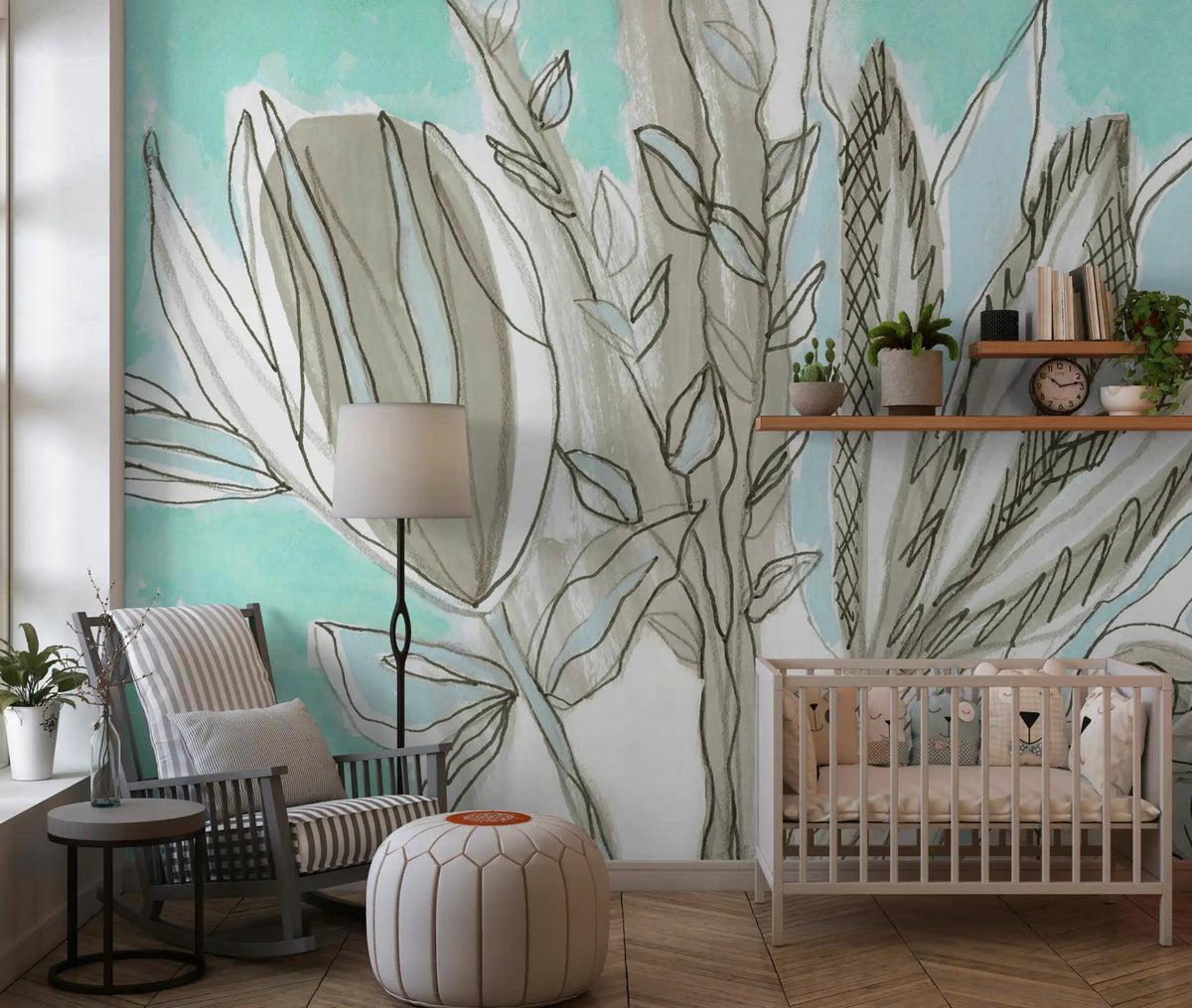 Floral wall mural with sketched tulips and leaves in muted grey and blue GD11262