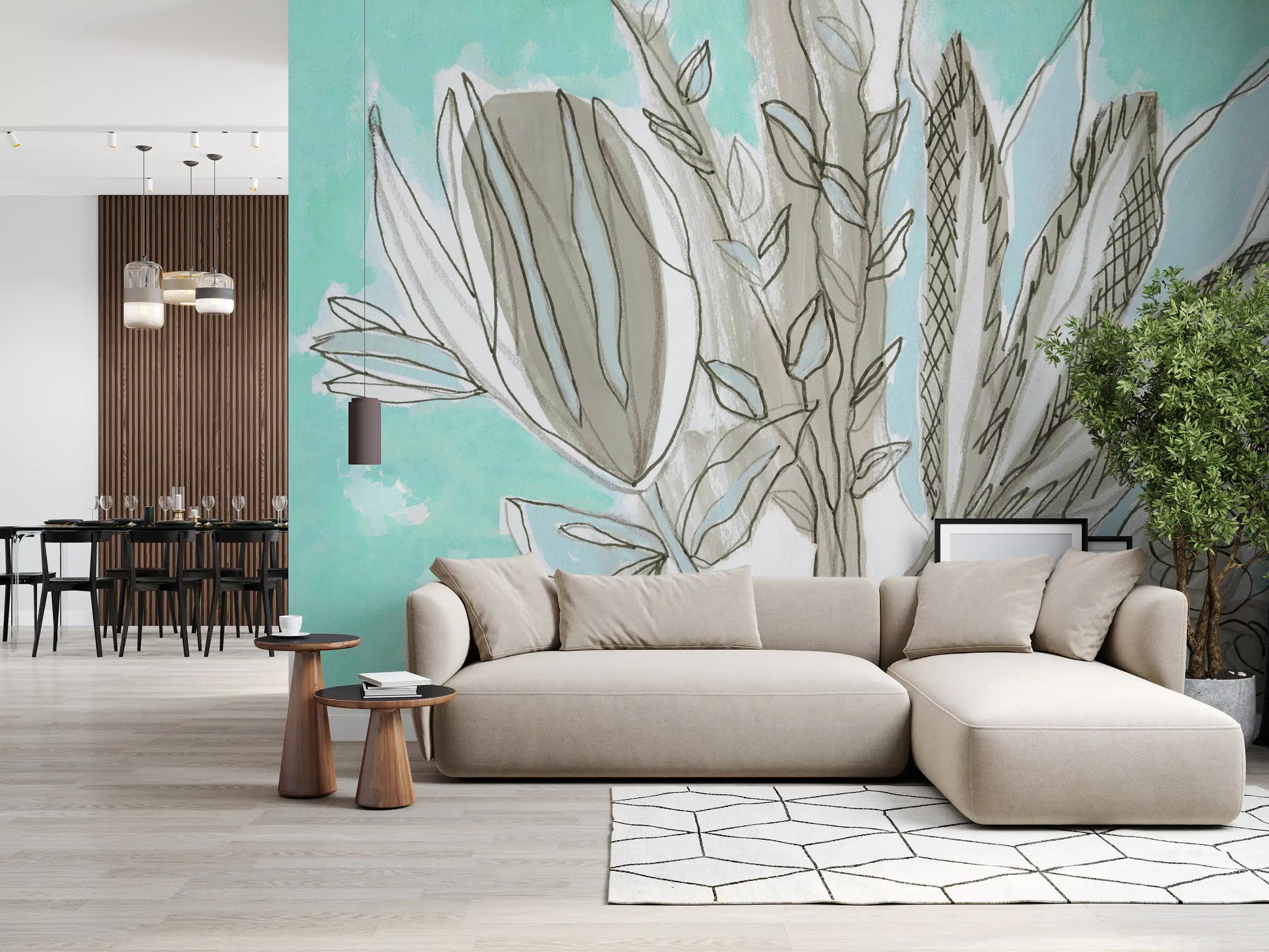 Muted Floral Line Art Wall Mural