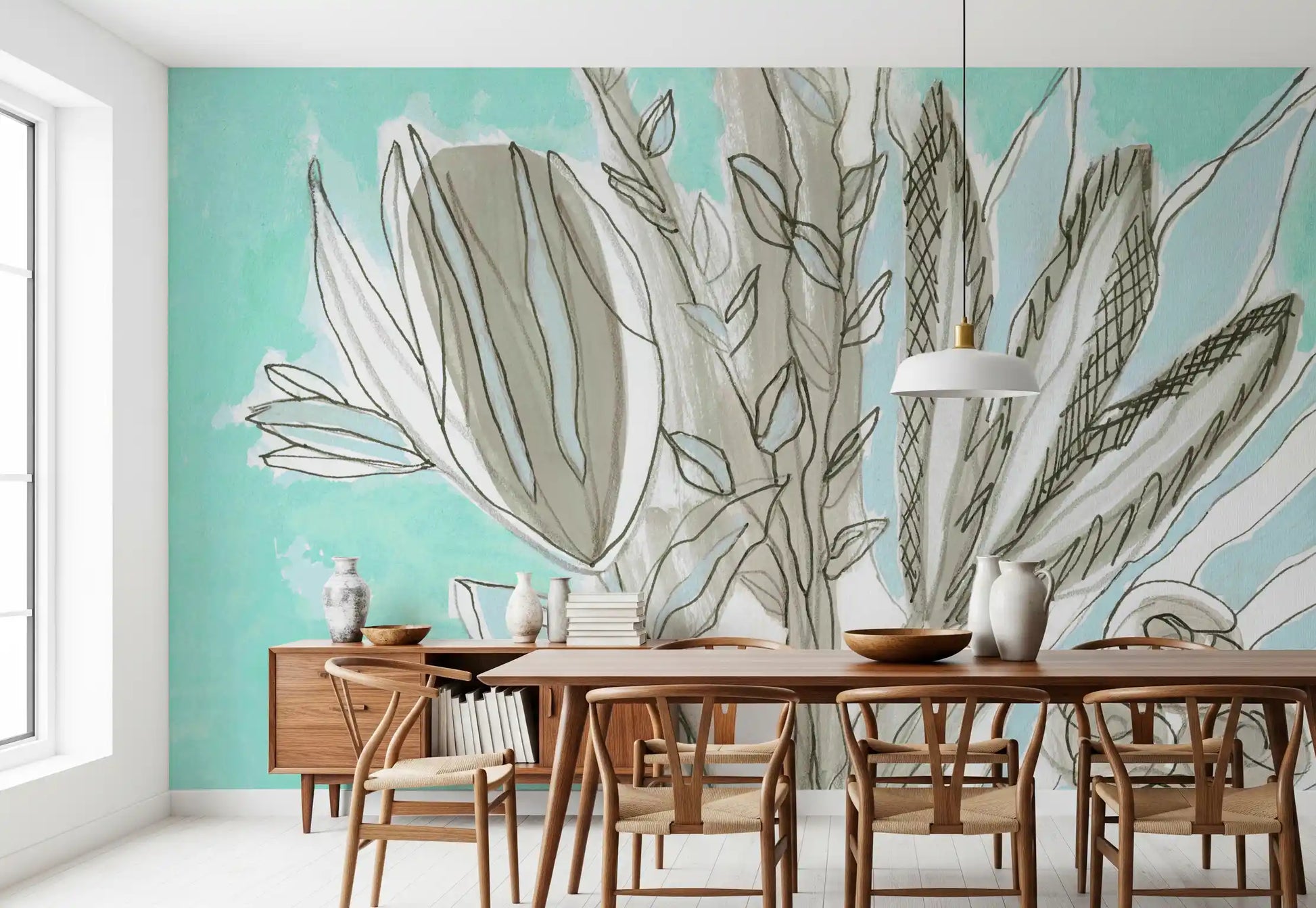 Muted Floral Line Art Wall Mural