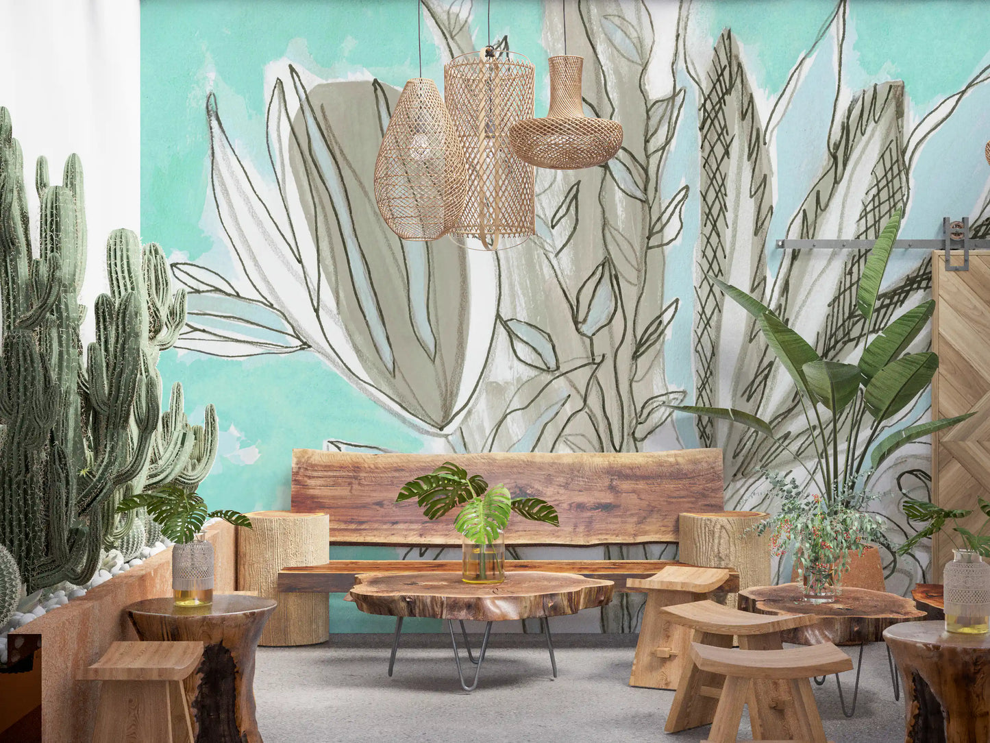 Muted Floral Line Art Wall Mural