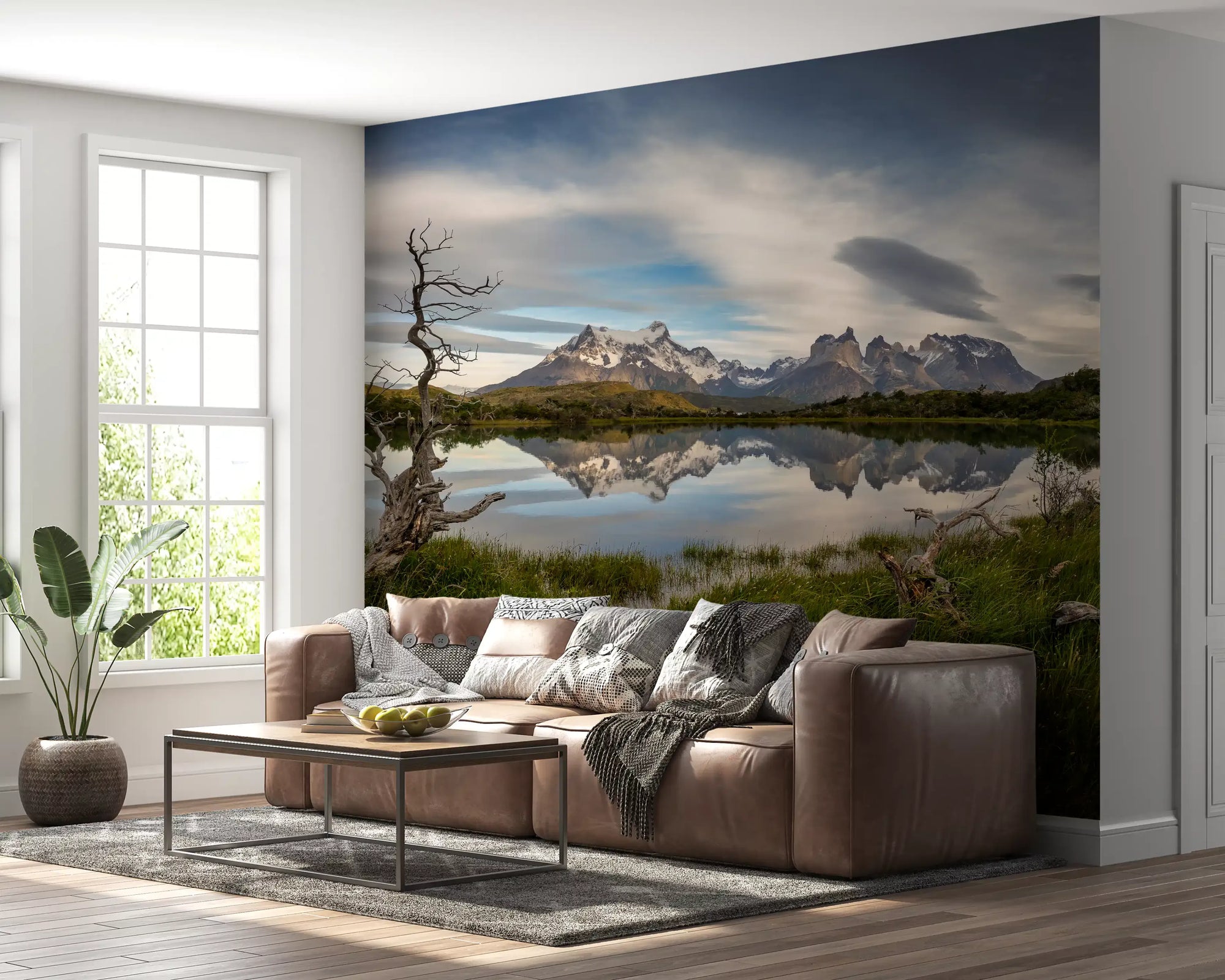 Mountain wall mural with snow-capped peaks mirrored in a calm lake GD11263