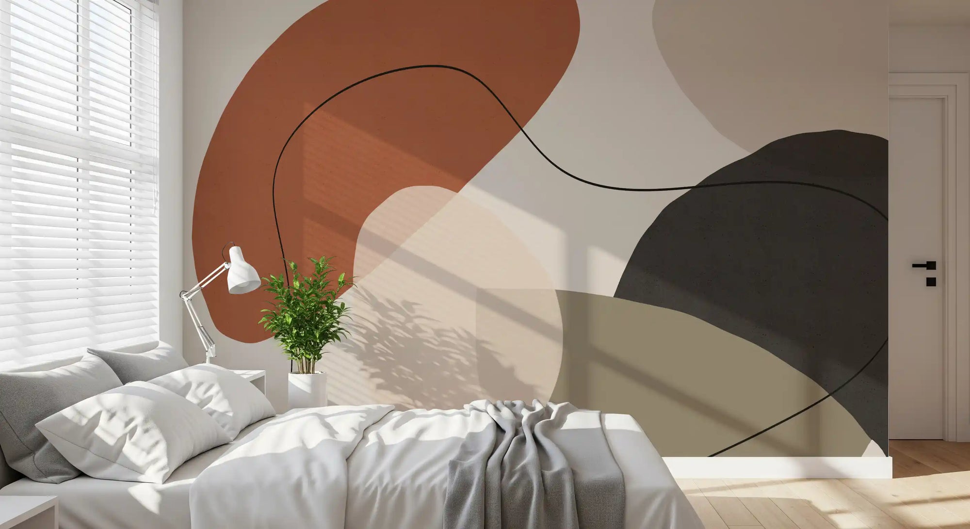 Abstract wall mural with organic earth-tone shapes in terracotta and olive for bedroom GD11264