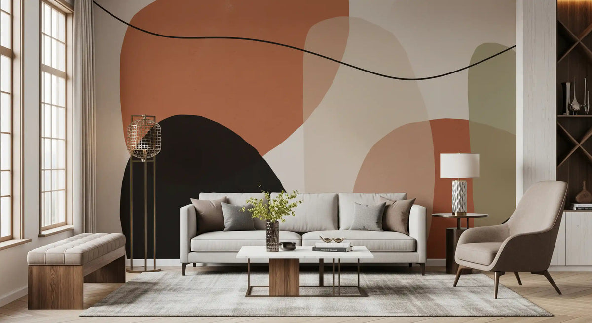 Organic abstract wall mural with terracotta and sage shapes in living room GD11265
