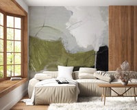 Layered Monochrome and Olive Organic Shapes Wall Mural