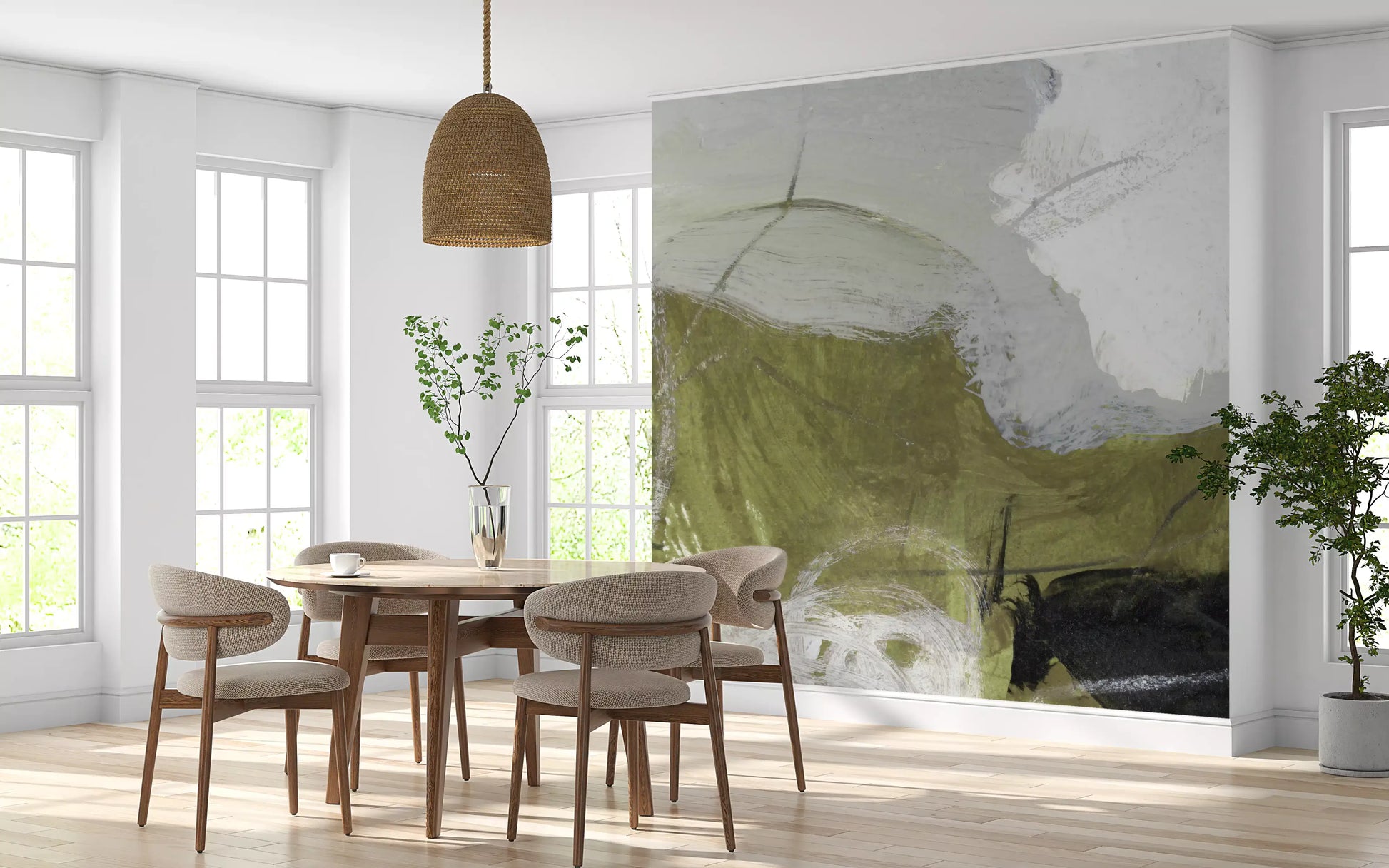 Layered Monochrome and Olive Organic Shapes Wall Mural