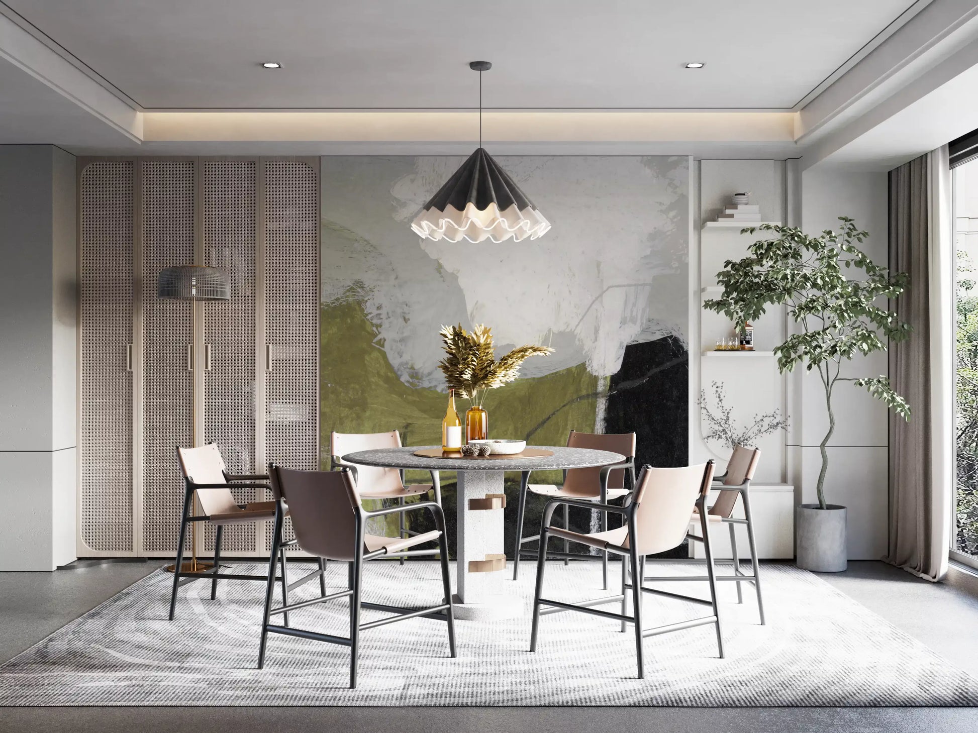 Layered Monochrome and Olive Organic Shapes Wall Mural