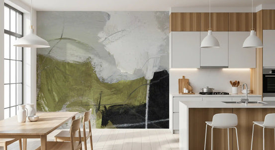 Abstract wall mural with layered olive, white and black brushwork GD11266