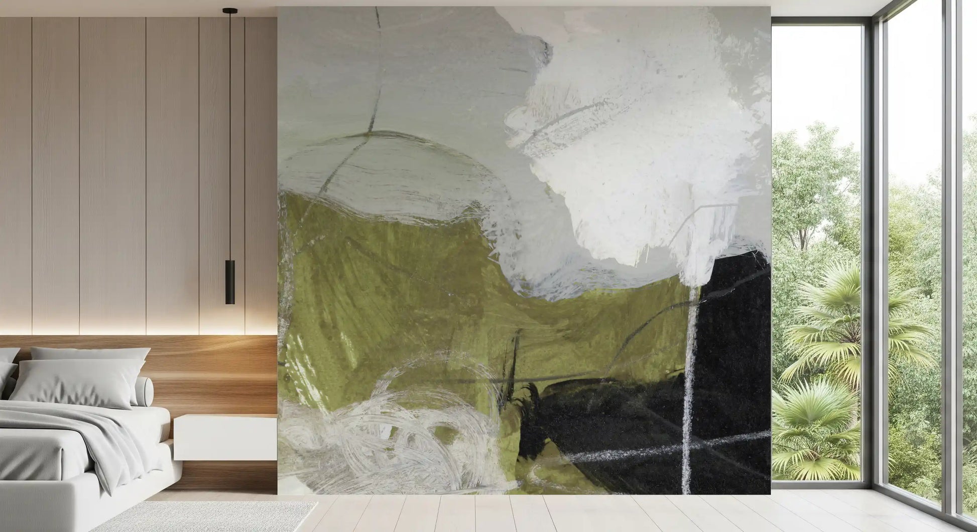 Layered Monochrome and Olive Organic Shapes Wall Mural