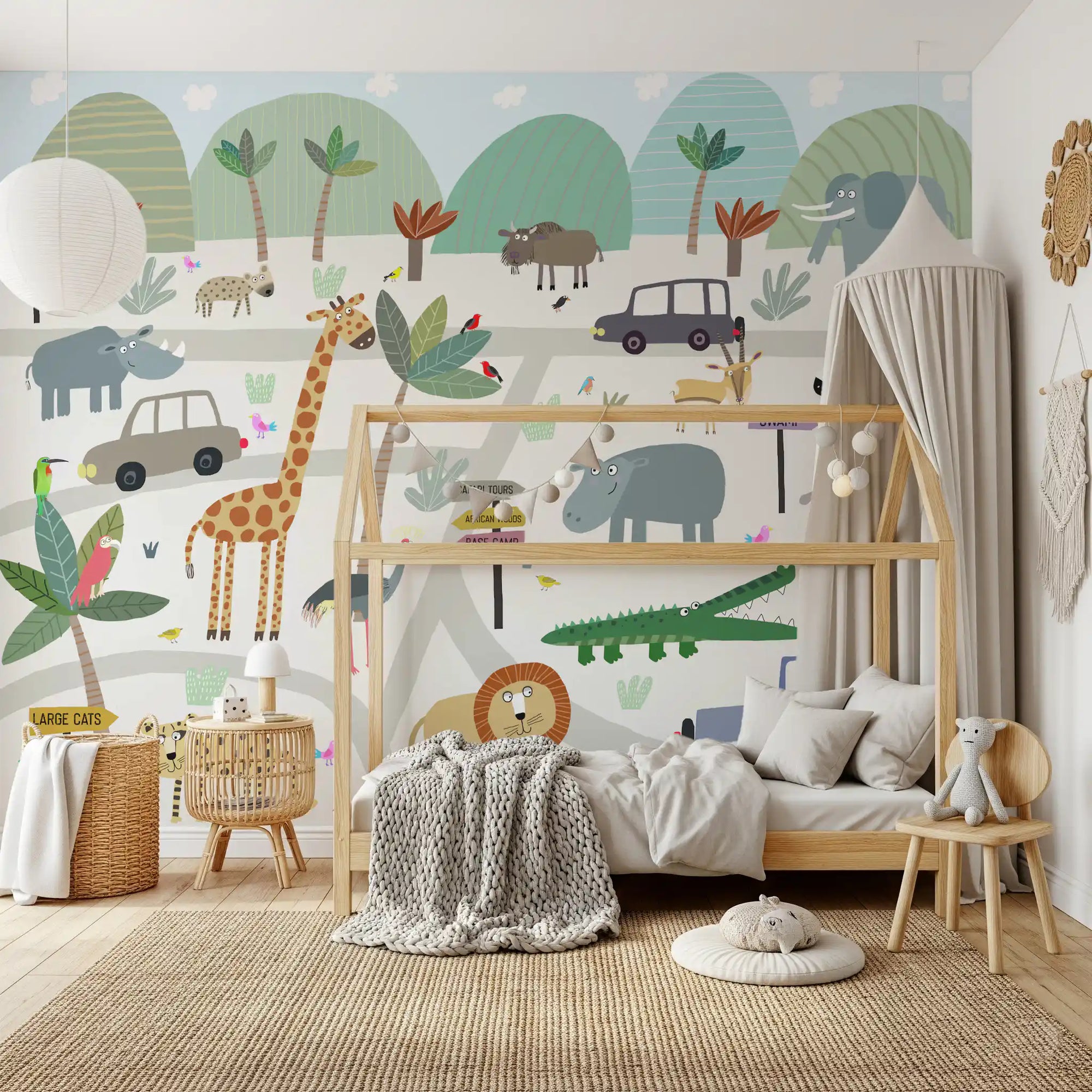 Cartoon safari mural brightening a kids room feature wall GD11267