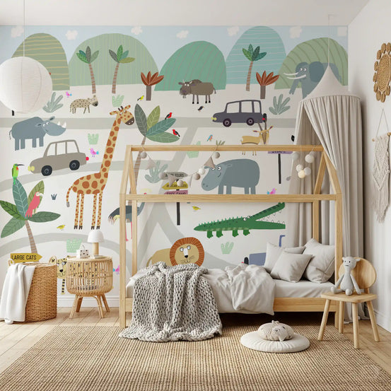 Cartoon safari mural brightening a kids room feature wall GD11267