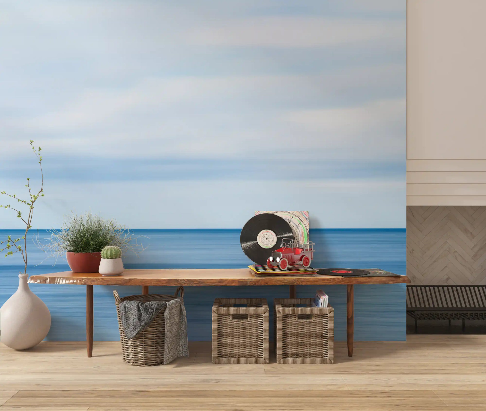Calm blue seascape wall mural with ocean water below a hazy sky GD11268