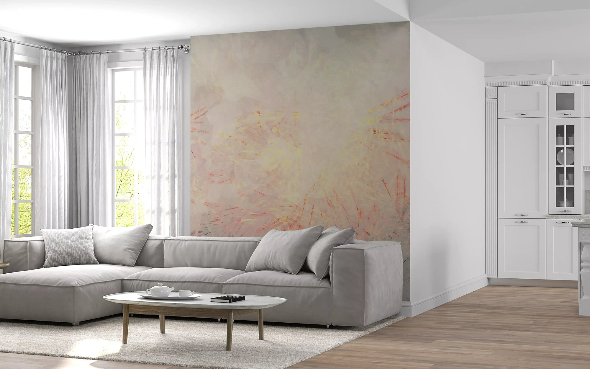 Charcoal and grey marks anchoring a warm abstract mural GD11270