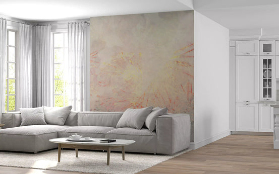 Charcoal and grey marks anchoring a warm abstract mural GD11270