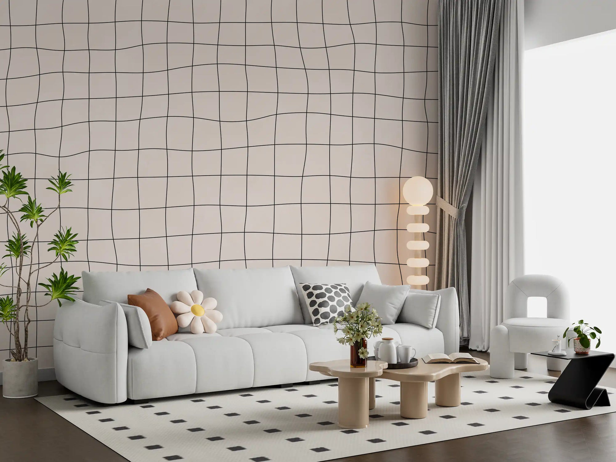 Soft check wall mural with thin charcoal lines on a warm cream ground GD11271