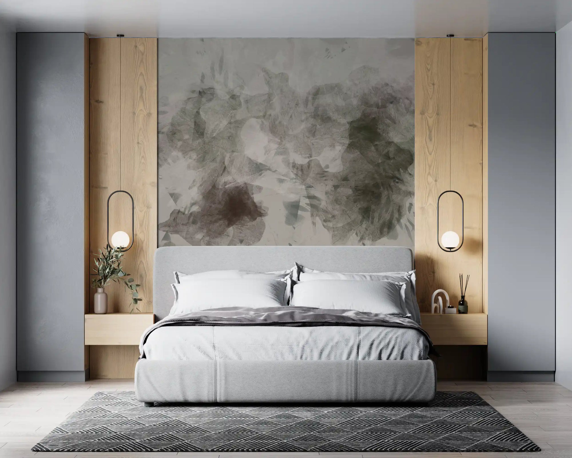 Smoky abstract wall mural in soft grey and taupe with faint florals GD11273