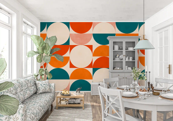 Retro semicircle grid wall mual in teal, terracotta and cream GD11274