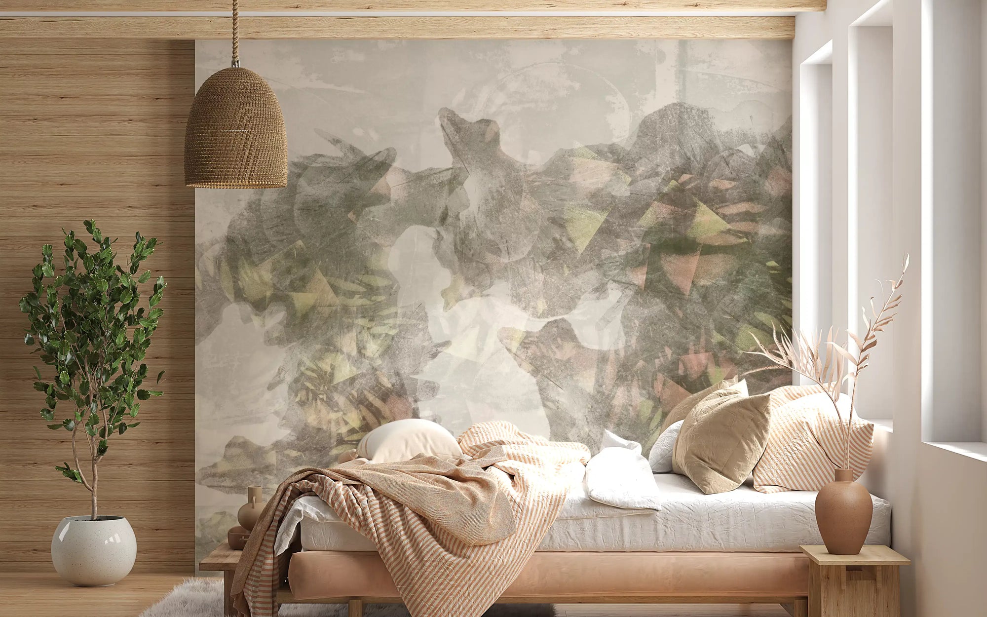 Abstract ethereal wash wall mural in muted sage, grey and dusty pink tones GD11278