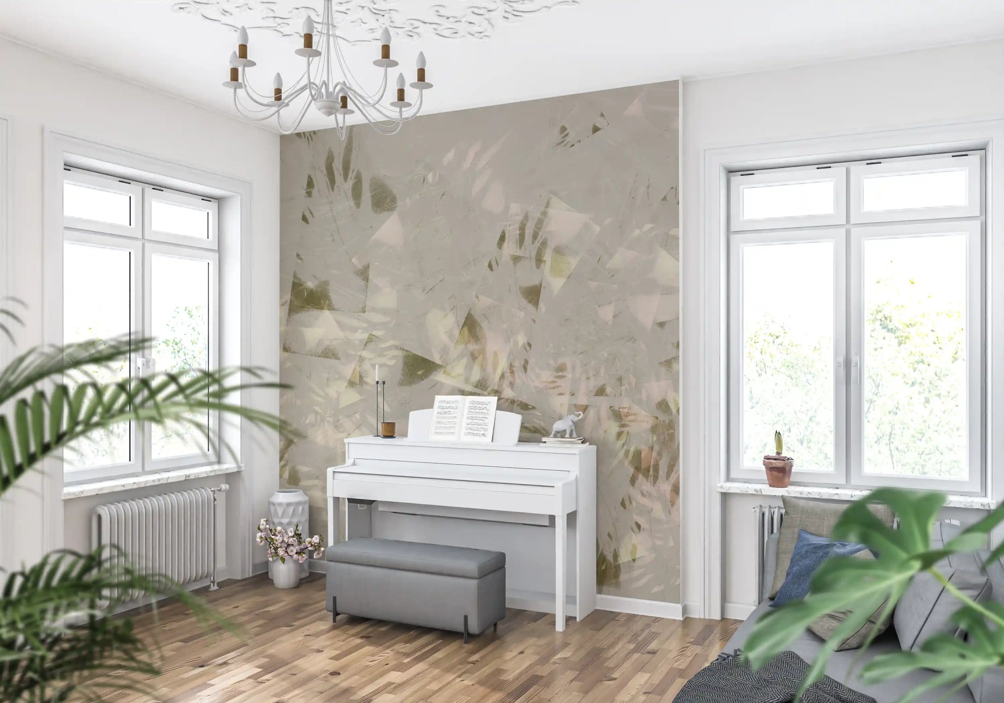 Soft brushstroke foliage wall mural in taupe, olive and cream muted tones GD11279